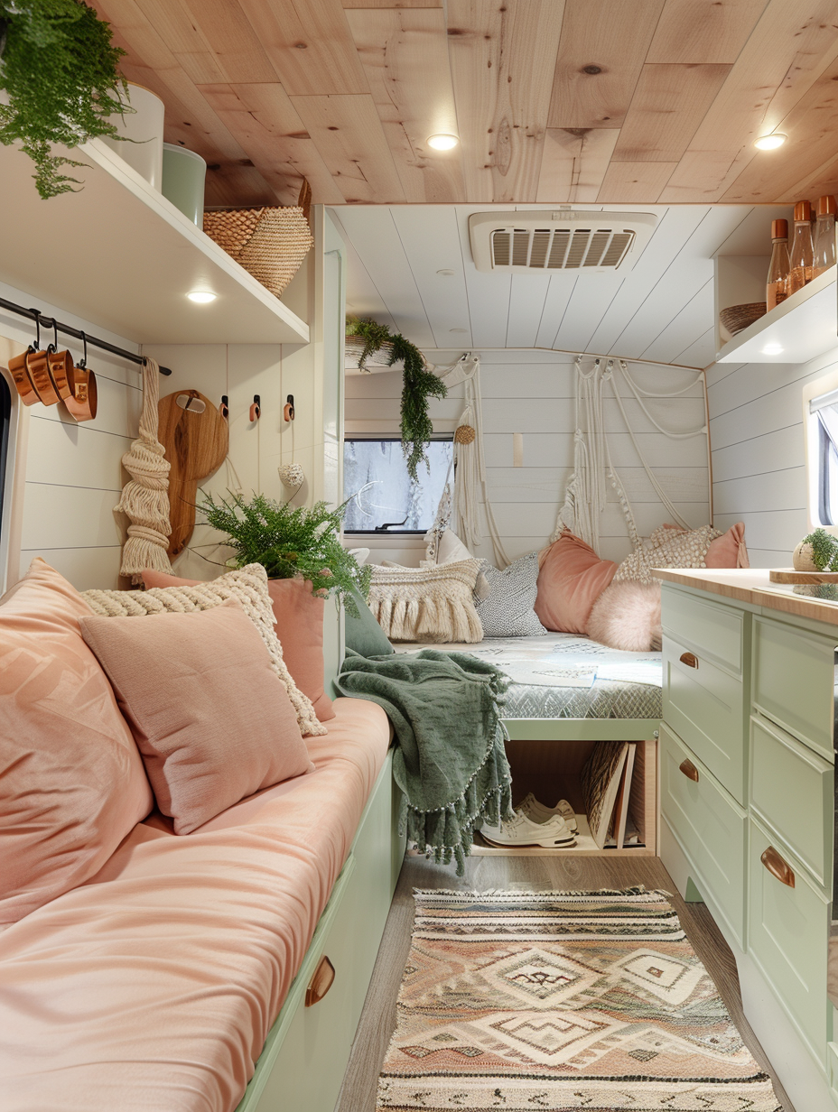 Interior view of a camper. Boho design features with pastel pink cushions, an aztec-print rug in neutral tones, wood-paneled walls, hanging macramé plant holders with greenery, and copper-finish utensils hanging above a pine-green kitchen area.