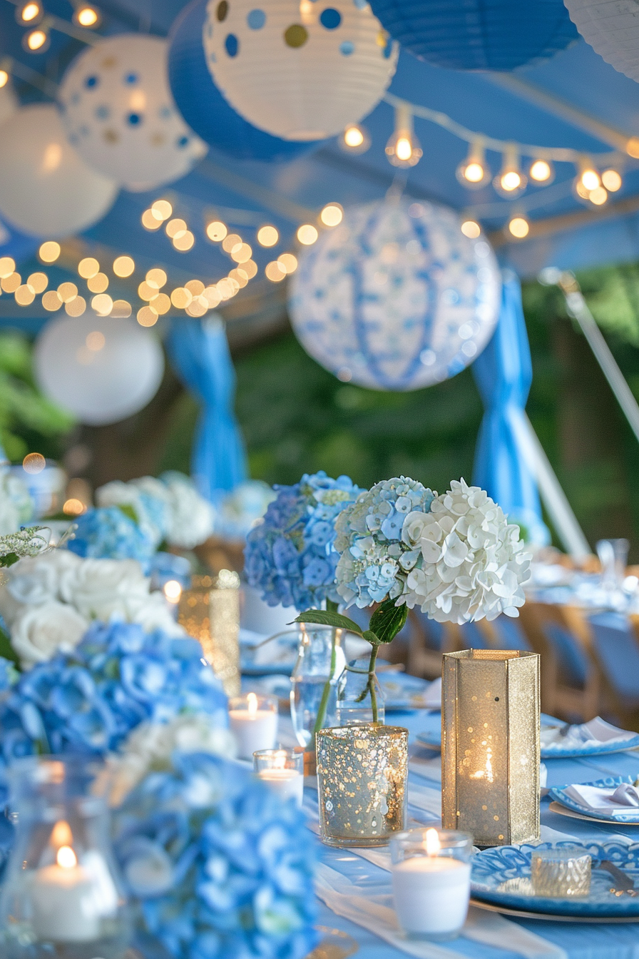 Glamping setup. Royal blue tents accented with white and gold lanterns hanging from the tops, adorned with string fairy lights in cool white. Arrangements of hydrangea flowers in various shades of blue dot the surrounding area. The tables are set with gold-edged blue china and blue tinted candle holders housing white candles. Lastly, table scatter, related to nature theme like printed images of stars and moons (in blues, silvers and golds) and small shiny pebbles round out the arrangement.