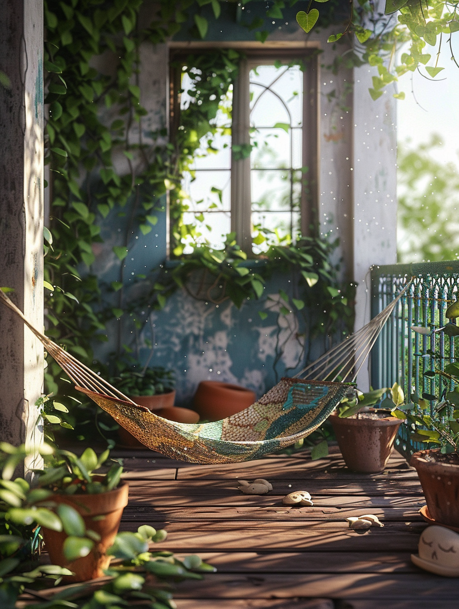 Small and rustic designed balcony. Dark teal painted vintage iron railing, white weathered wooden floor boards, aged terracotta pots overgrown with ivy, and a single hues of earth toned woven hammock glistening with fine dew in the early morning sun.