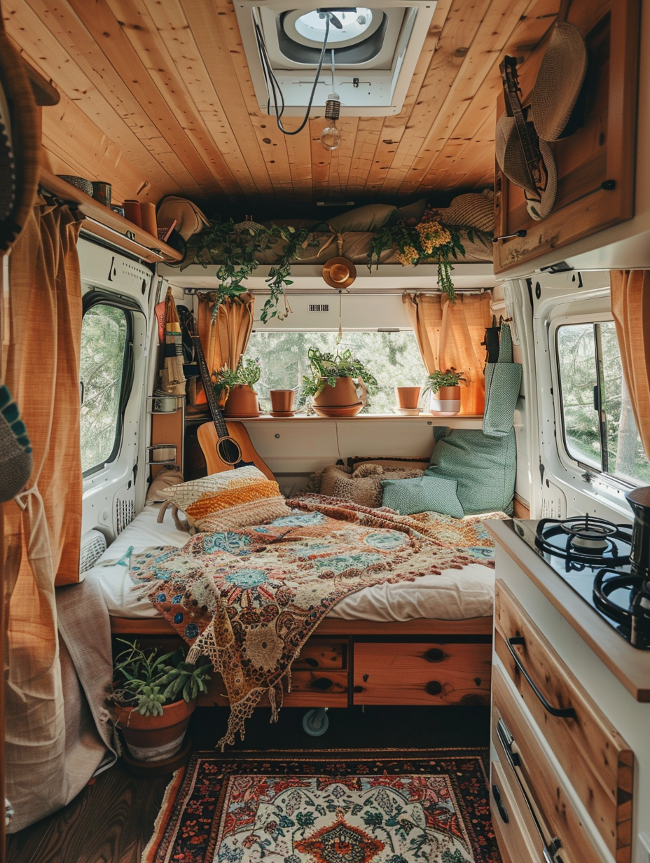 Boho designed camper. Pastel tie-dye curtains, hanging potted succulents on the windows, warm-toned Persian rug, exposed wooden framework, a floral patterned built-in lounge bed, and wall-mounted guitar storage.