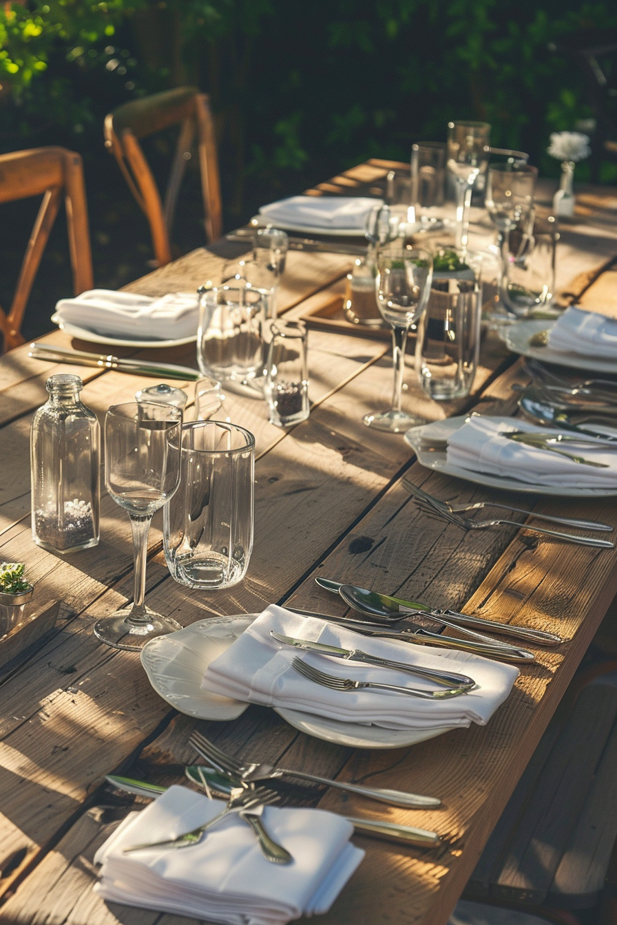 Backyard Dinner Party Table decor. Rustic wooden table theme with folding white napkins, vintage cutlery, and an enamel dinner set.