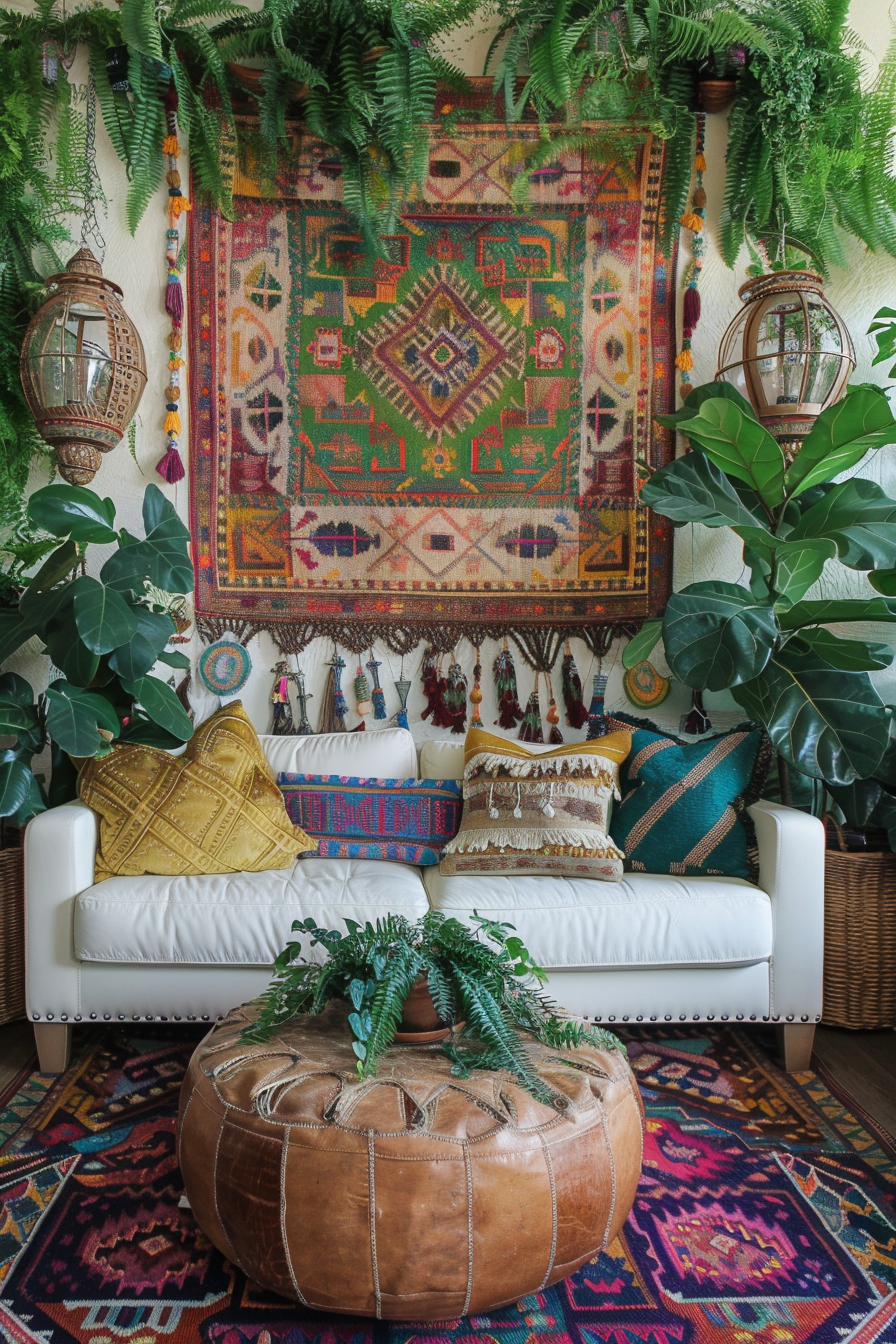 Boho living room design. Rattan coffee table with multi-layered plant wall installation using ferns and cascades of ivy. Distressed hardwood flooring accented with a geometric patterned rug in burgundy, navy and ecru. Large southwest inspired throw pillows in mustard and teal velvet. A tapestry wall hanging in bohemian patina hues with abstract ethnic elements forms the centerpiece above a minimalist white sofa sprinkled with contrast colored eclectic cushions for the cabin rustic touch. An extra-large woven basket with overgrown fiddle leaf fig stood beside a leather ottoman acting as the cosy corner pivot. Vintage Moroccan lanterns creating the lighting aspect besides billowing macrame porch hammock giving space dynamic aura.