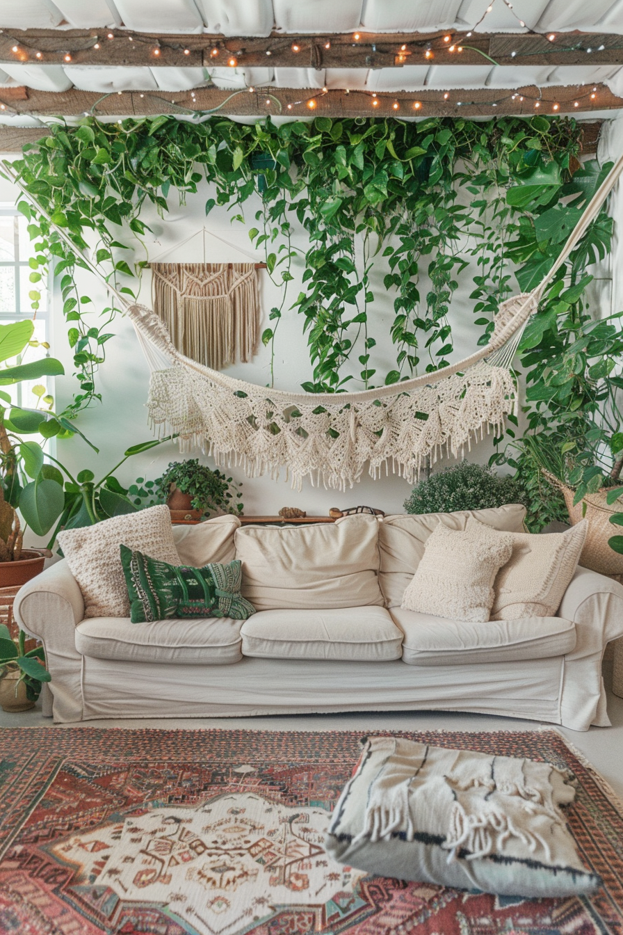 Boho designed living room. Cream tone sectional placed against a green-filled plant wall installation complemented by knotted wool floor rug and a vintage macramé hammock chair hung from the ceiling.