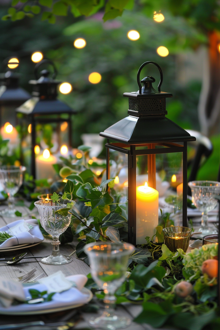 Backyard Dinner Party Table decor. Lantern centerpiece with ivy tendrils.