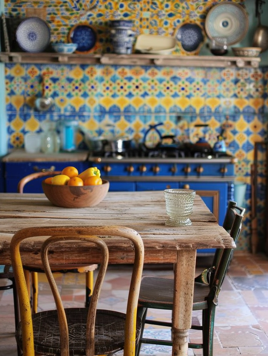 Boho kitchen. Rustic wooden table and chairs with Moroccan wall tiles in blue and yellow patterns.