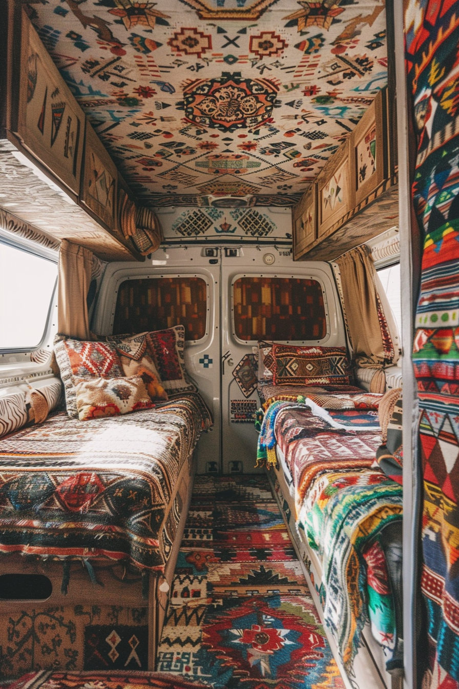 Sprinter camper van. Boho style with vintage tribal patterns.