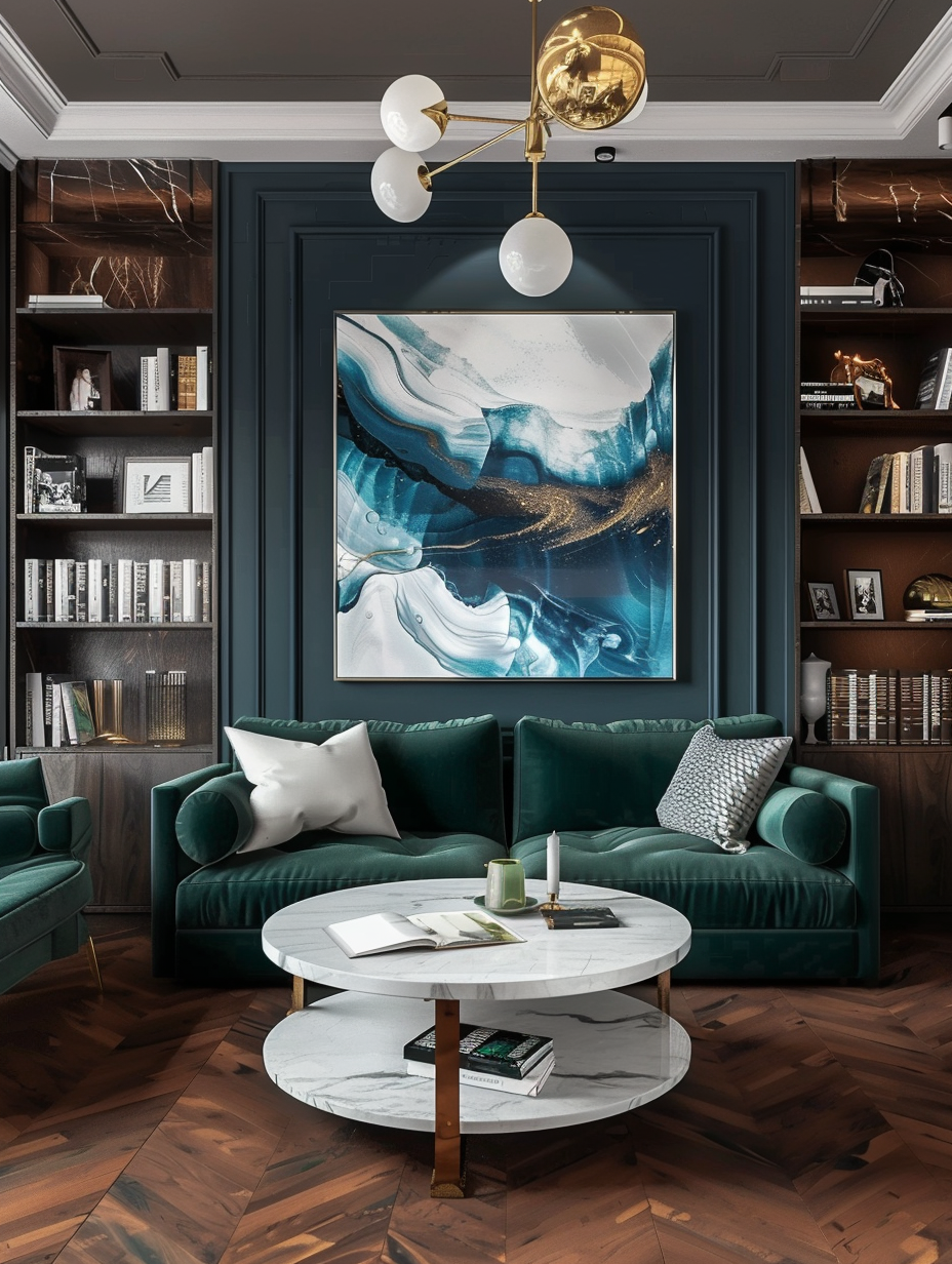 Modern and luxurious living-room interior design. Chestnut wood parquet flooring, solid white marble coffee table, emerald green velvet sofa, wall-to-wall bookshelves, industrial high ceilings with gold pendant globe lights, and large scale abstract expressionist painting in monochromatic blues.