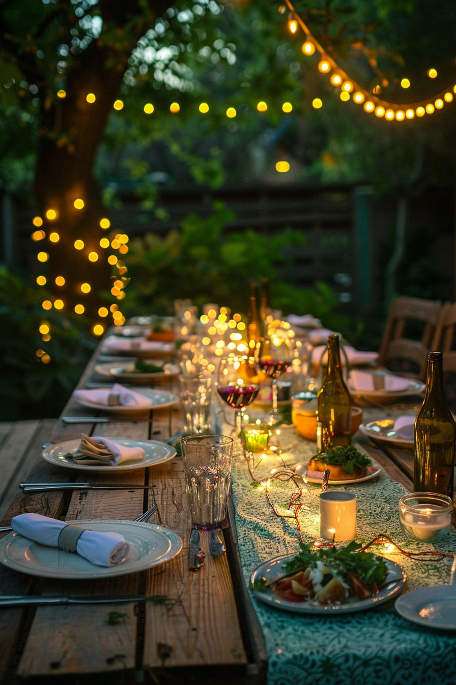 Backyard dinner party table decor. A long wooden table adorned with white porcelain dinnerware, pale green mint-patterned tablecloth and warm white fairy string lights tangling around rustic table rim.