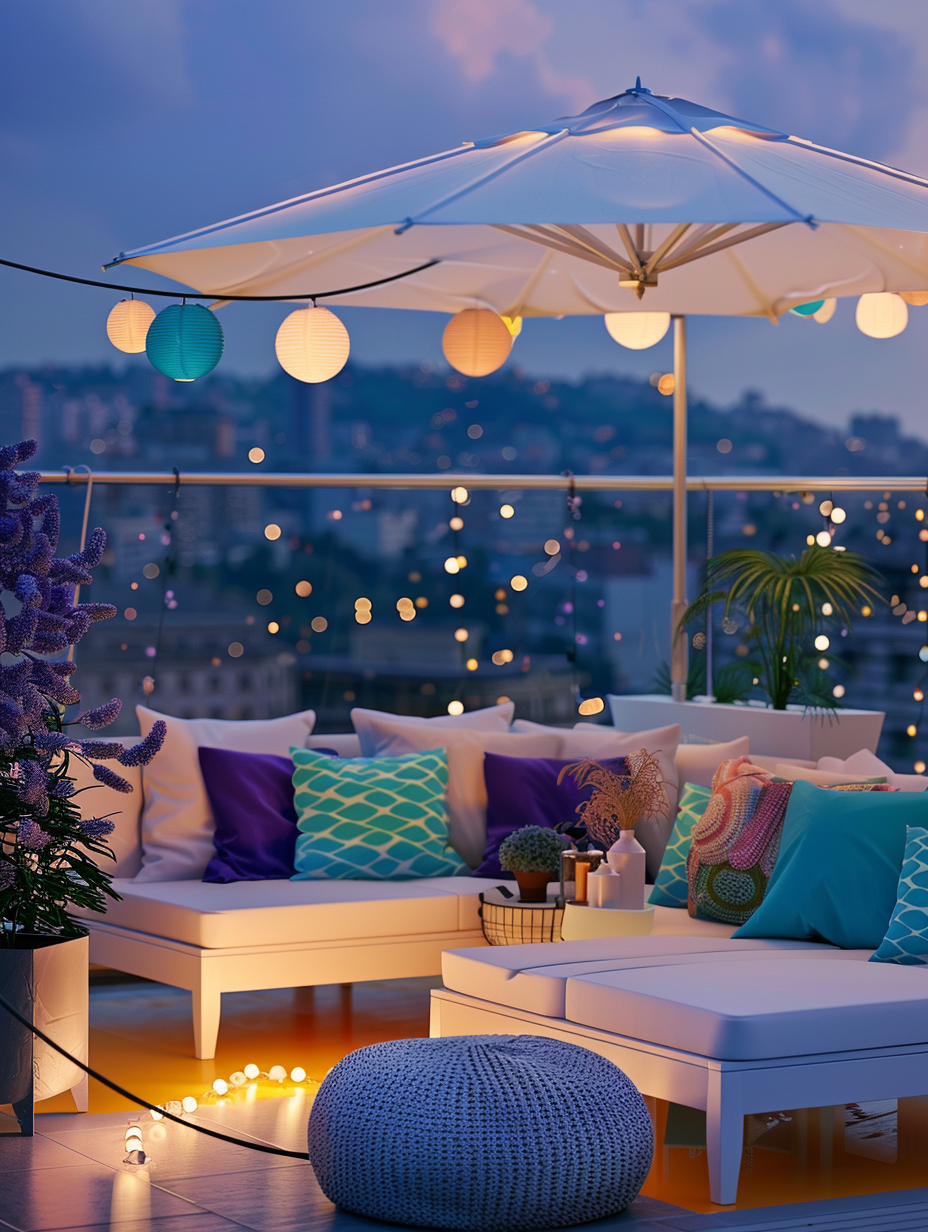 Urban rooftop. White patio furniture adorned with bright, colorful pillows underneath a parasol, rope lights bundled along the edge, a mini potted Eden of umbrella plants and spider plants scattered around, mustard resin floor, and distant cityscape framed by railings accented with strings of paper lanterns in turquoise and chartreuse for enchanting ambiance in an evening setting.