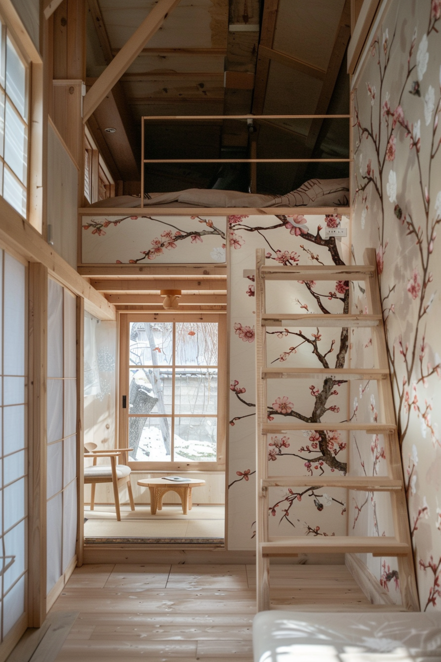 Interior of Japanese tiny house. Minimalist furniture with cherry blossom wallpaper.