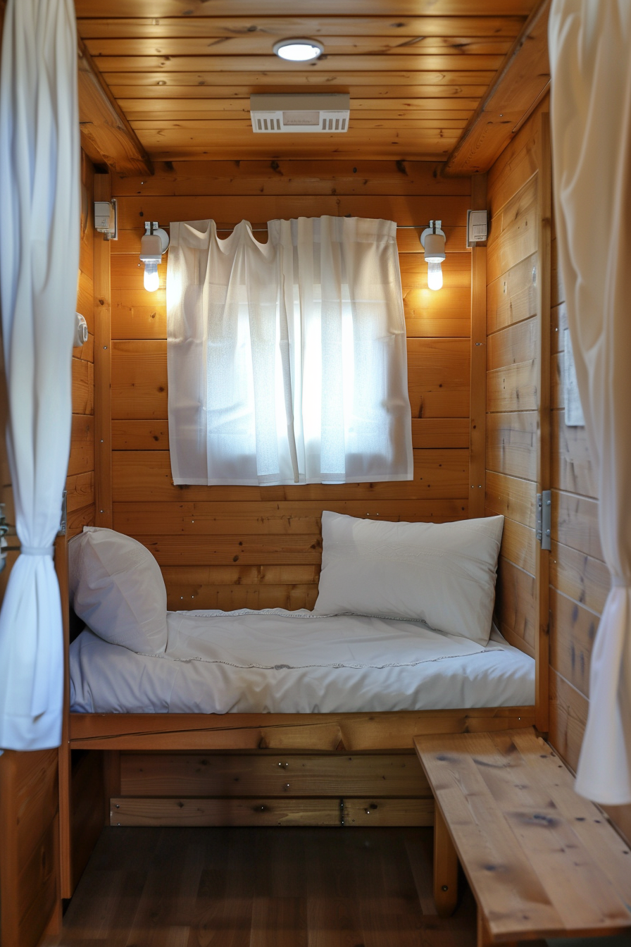 View of a Small Camper Interior. Wood-paneled walls with white curtains.