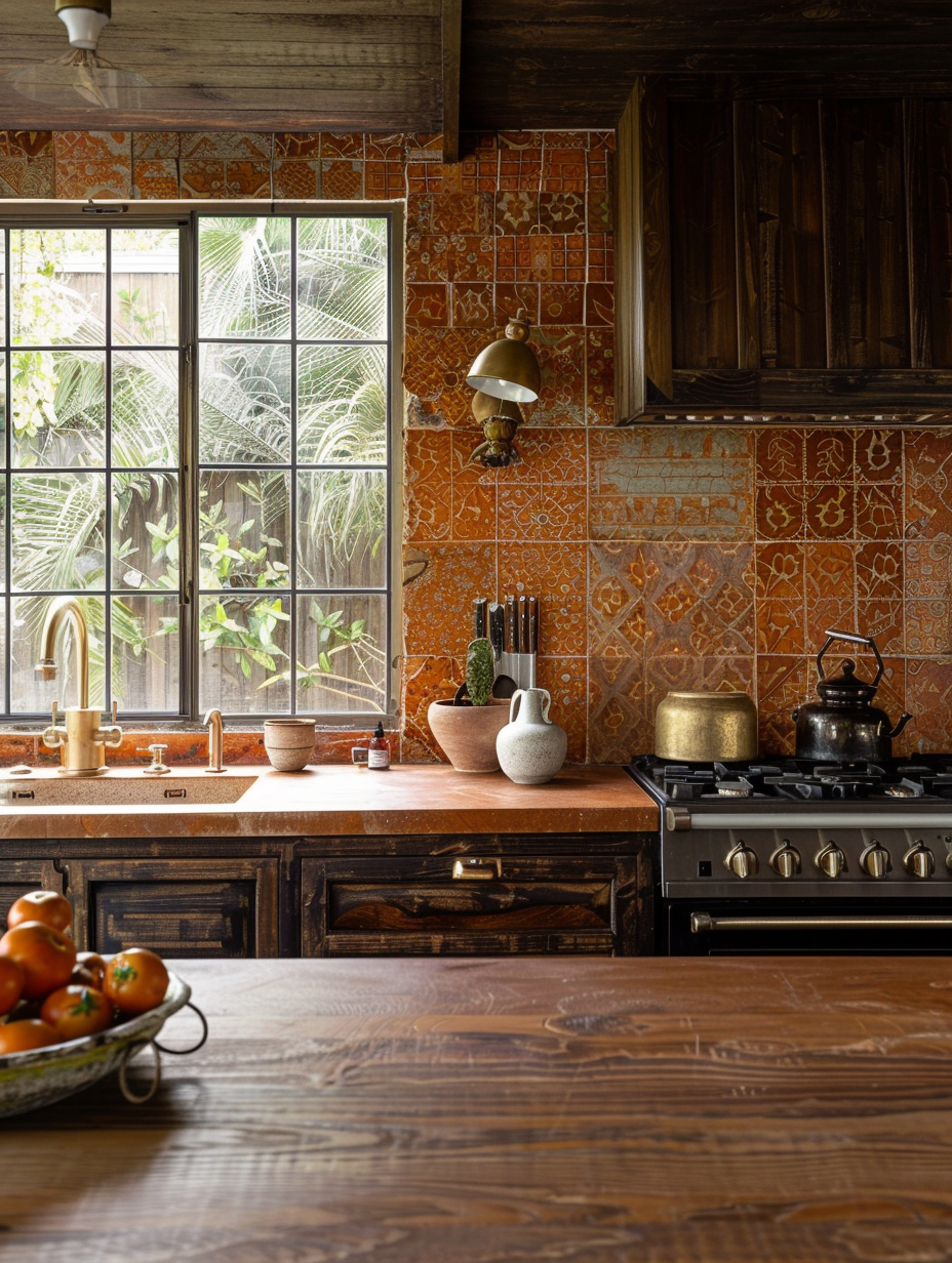 Boho kitchen. Dark wood cabinets with terra cotta Moroccan wall tiles and brass fixtures.