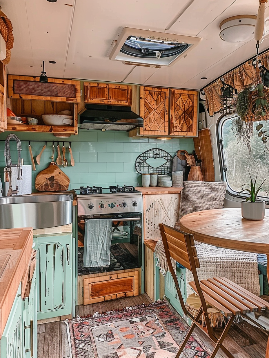 Full interior view of boho-designed camper. Fitted kitchen with turquoise Blue-proof countertops, wooden cabinet fronts with geometric Aztec prints and a round pastel peach dining table with woven seagrass chairs.