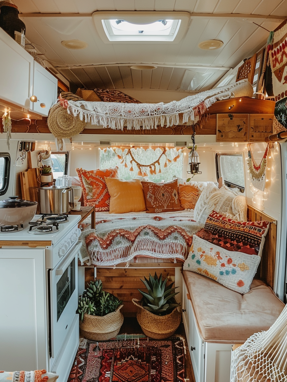 Interior view of a boho camper. Bright pastel cushions and Aztec-patterned bedding under a light wood loft bed, with film-style photographs pinned to birch plywood walls, mini rattan baskets assembling kitchen fixtures revolve around pastel enamel cookware on the stove-top, sustainably sourced succulent plants by the window, string lights hanging over the lace draped hammock encompassing the seating area lined with Moroccan cross-stitch throw pillows against stark white furniture body giving an open feel to the nomadic tiny home.