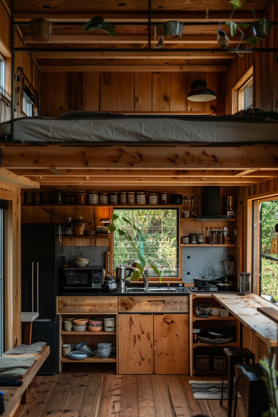 Interior view. Loft bed over minimalistic modular kitchen in Japanese tiny house.