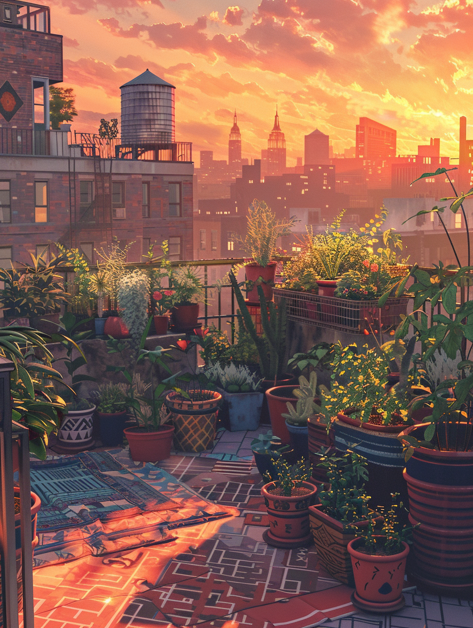 Small and beautiful Urban Rooftop. Dense assortment of potted plants with accents of geometric-patterned planters, amidst a crimson sunset backdrop.