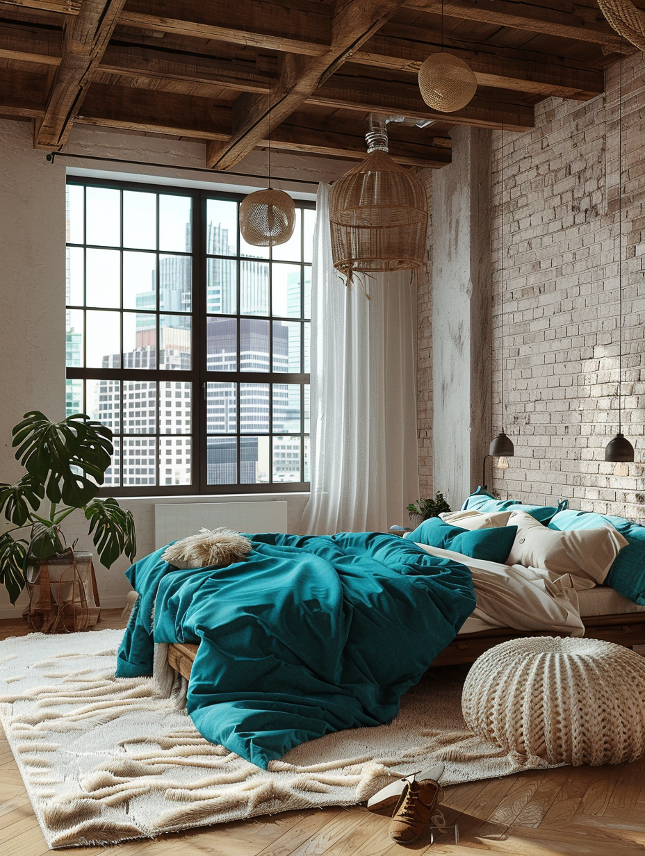 Loft bedroom interior, boho chic style. King-sized bed draped with a deep turquoise quilt, a vaulted wood ceiling with hanging wicker pendant lights, large industrial black-framed windows revealing an urban cityscape, plush ivory shag rug underfoot, accompanied by an chunky-knit cream-colored pouf, freely sprawling large leafy monstera plant near a distressed white brick wall.