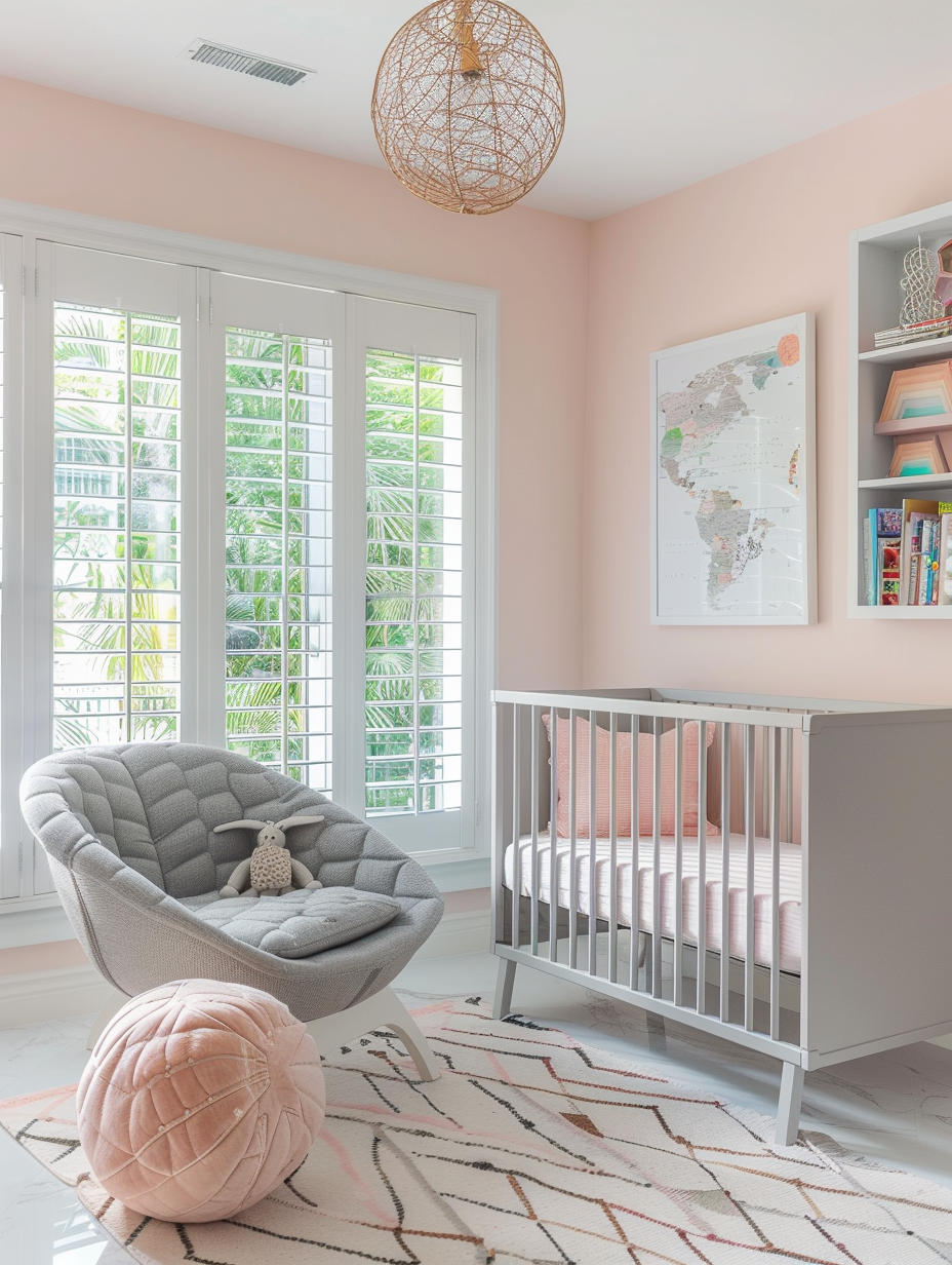 Modern Pink Nursery. Glass-shuttered French windows with pool outside view, blush pink wall with abstract wall hanging, iconic Acapulco chair in rose quartz color, white marble floor with geometric pattern rug in soft hues, grey hemnes crib on one side underneath a gold wire globe mobile, Scandinavian bookshelves filled with book stacks and soft toys.