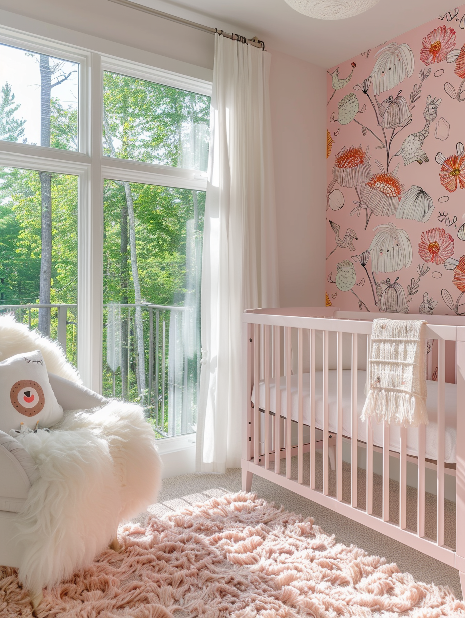 Modern pink nursery. Pale pink wall with abstract animal wall decals, white modern-style crib and fluffy shag rug, generous sunlight through a large window overlooking a lush garden.