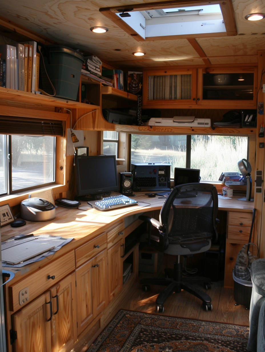 Interior of RV. A spacious desk with overhead shelves against one side of the RV, south-facing with lots of daylight illumination and a swivel-chair.