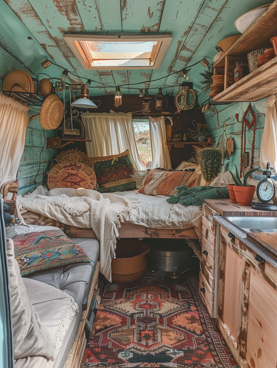 Boho Designed Camper interior. Macrame wall hangings, Turkish-kilim pillows on a pull-out wooden bed, vintage lanterns strung across the top, an ottoman with paisley print and small potted cacti on windowsill. Attached kitchenette with copper fittings, open wood shelving holding several cooking appliances and a distressed persian matte against the camper divider wall. Cream gauze drapings and fading teal paint job on camper exterior. Oddball weather vane.