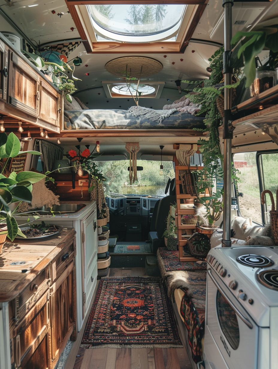 Boho design camper. Vintage wooden accents, macrame decor, exposed lightbulbs, sink and fixtures made of up-cycled materials, loft bed with tampered glass ceiling-window overhead, abundant plant life near windows, and Persian rugs over hardwood floor visible in an open layout.