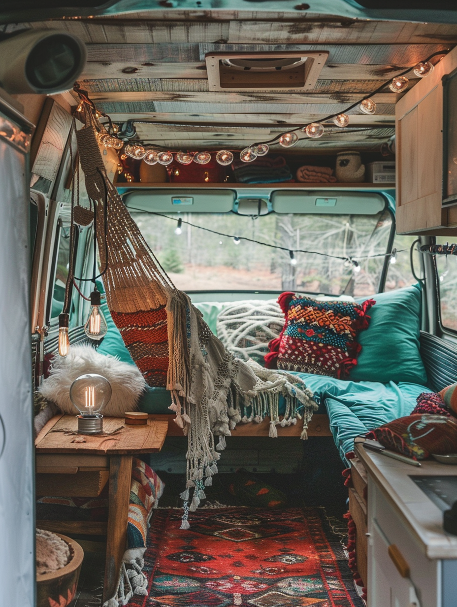 Boho Designed Camper interior. Turquoise cushions on macrame hammock, Muted Jewel toned Kilim rug, distressed wooden coffee table and low hung Edison bulb string lights.