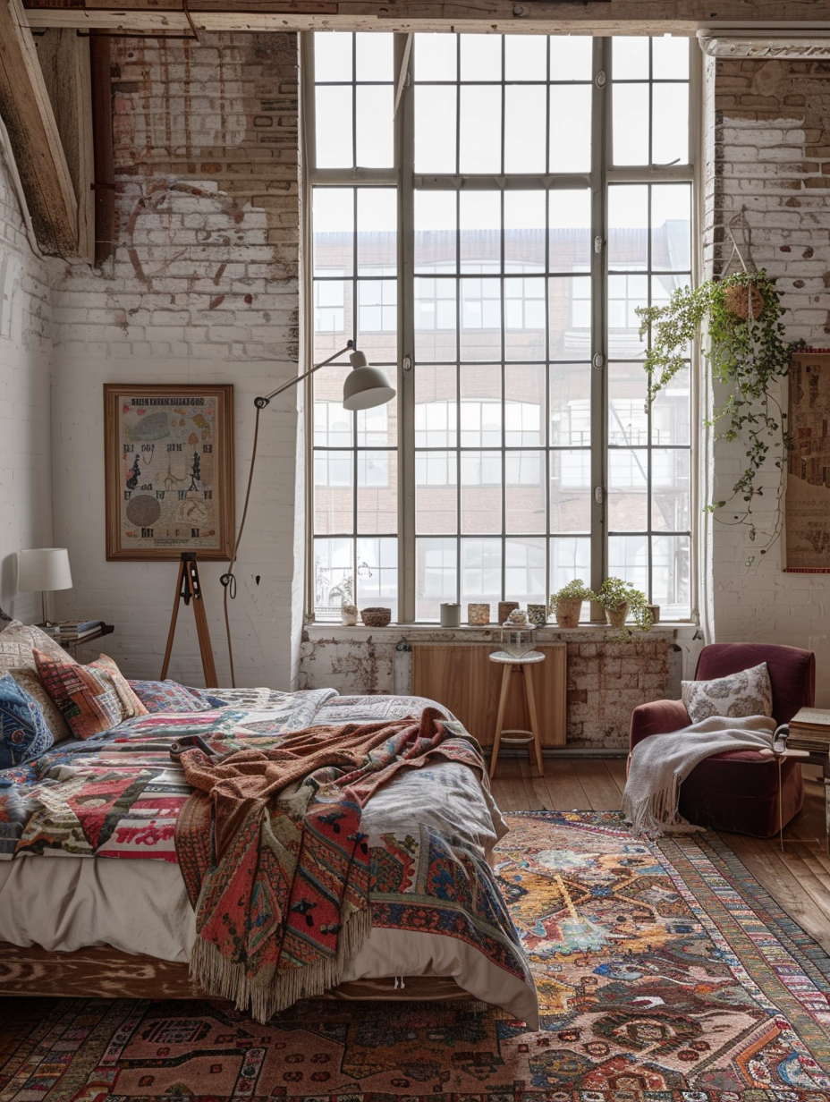 Loft bedroom interior, boho chic style. High ceilings, exposed wood beams, large floor-to-ceiling windows letting in lots of natural light, a king-size bed with colorful bohemian patterned linen, hanging macrame decor, a reclaimed wood nightstand, tall floor lamp with a warm white bulb, hardwood floorswith a huge, richly-patterned area rug, at the other end of the room, a small sitting area with velvet armchair and tripod table, poster-sized artwork hanging on white brick wall, and ivy greenery climbing the wall in the corner.