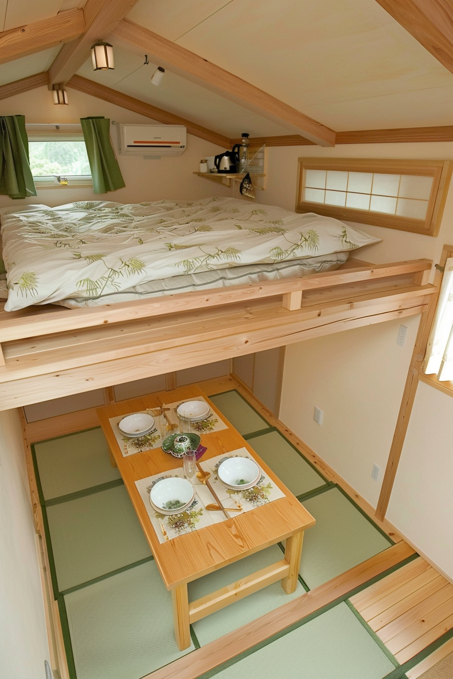 Japanese Tiny House. White futon-flanked loft, bamboo floor, folded dining table