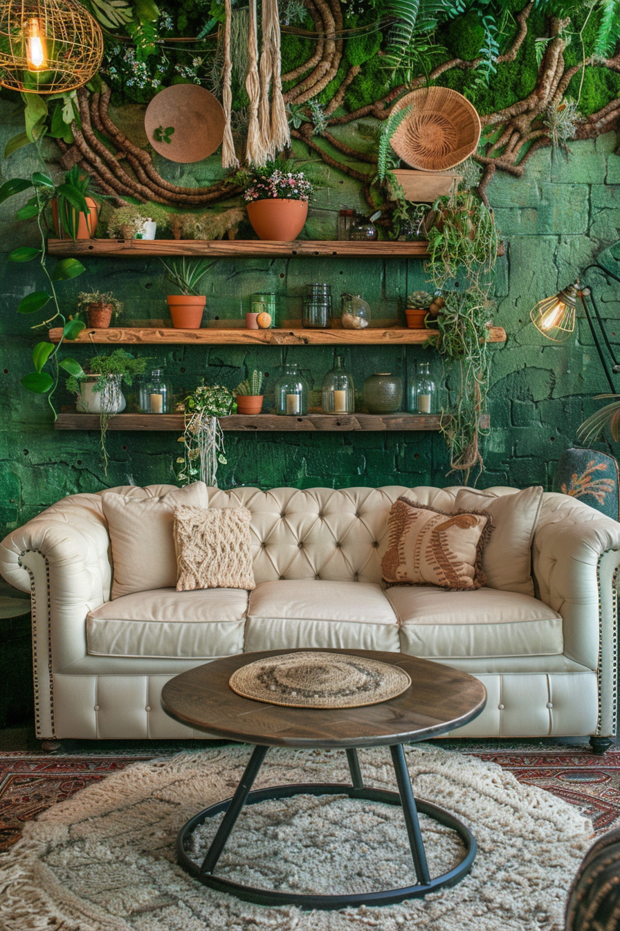 Boho design living room. Round coffee table centered on natural grass rug, placed in front of moss-and-fern green wall. Pastel throw pillows stacked on vintage, cream-colored tufted couch. Elm floating shelves showcase array of foliage-like artisan vases, terracotta pots, and glass terrariums filled with ivy and succulents. Bronze floor lamp with bare Edison bulb nestled closely to the record shelf composed of repurposed timber. Ornate macramé weaving hangs masterpiece-style above light rustic couch, perfectly offset by wall's heroic mural of intertwined roots and plants endorsing a feeling-scape of window view into sprawling enchanted woods.