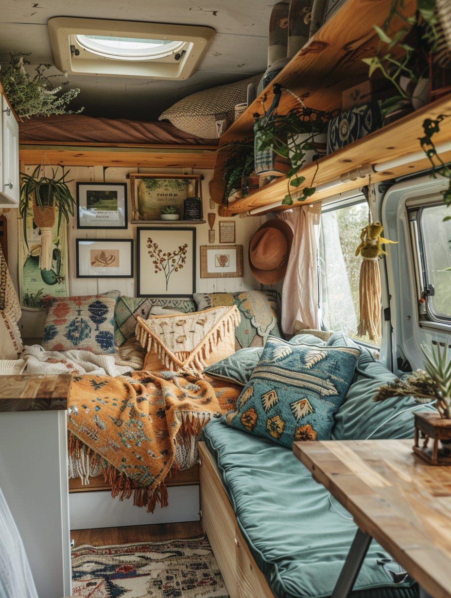 Interior view. Boho camper design with pastel teal velvet upholstery, light oak furniture, Aztec-patterned scatter cushions, establishing a quiet and effortless gallery wall with framed artworks. Include plenty of planters with fleshy green succulents to breaking through the pastel monotony, and hanging macrame wall and window art.