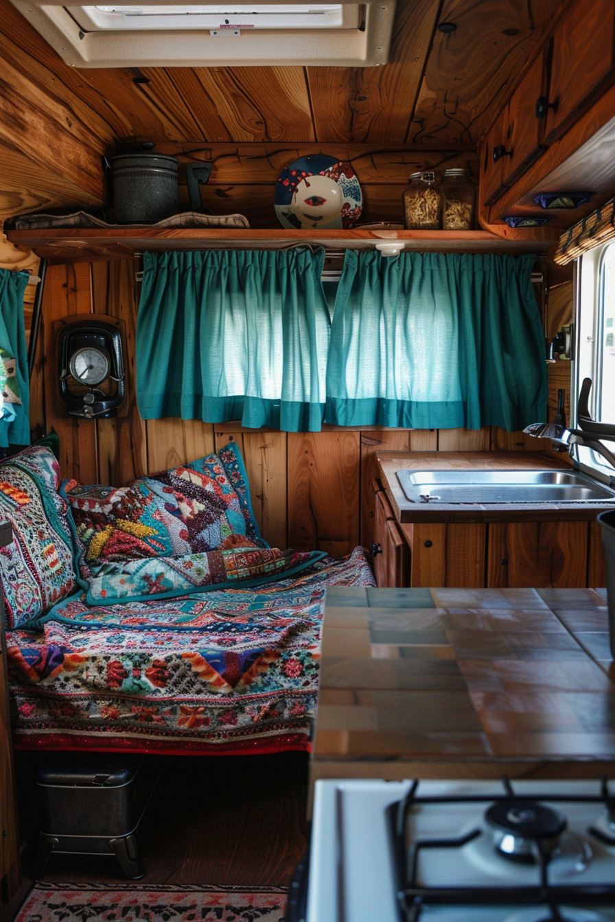 View of a small camper interior. Wood-paneled walls with embedded storage shelves, teal colored curtains on a small window, retro patterned quilt on a convertible bed-couch, camping stove atop a compact corner kitchen counter.