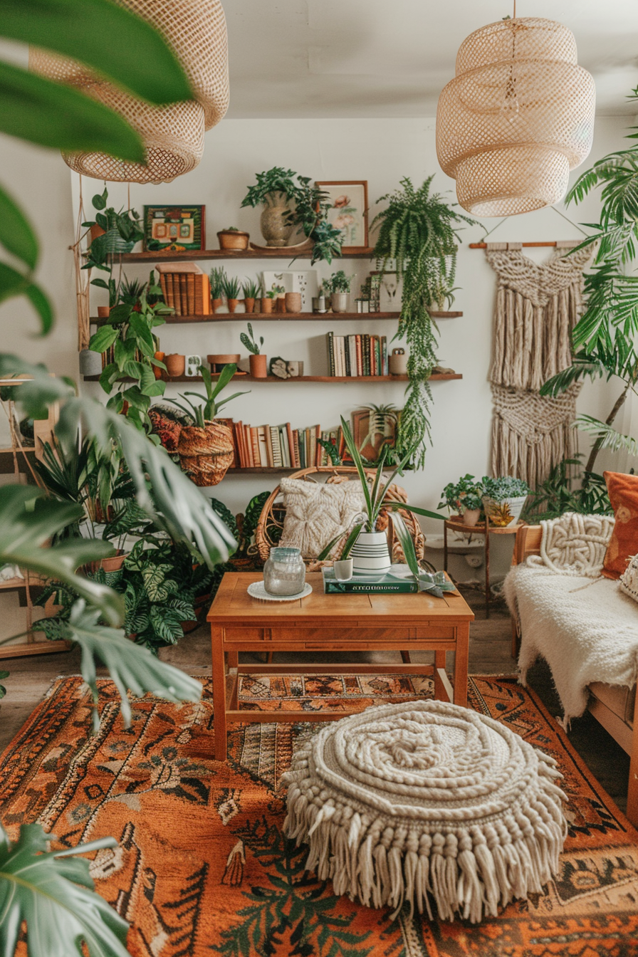 Boho designed Living Room with Grass and Plants wall installation. A room filled with warm beige furniture accented with tassels, timber oriental-style coffee tables, hanging macrame terrariums, a large areca palm in the corner, eclectic vintage bookshelf full of books trattled with intertwined ivy, cinnamon colored Moroccan area rug on the floor and a widespread blush grass wall installation full of different plants securing the dominant boho touch, under warm and inviting copper pendant lighting.