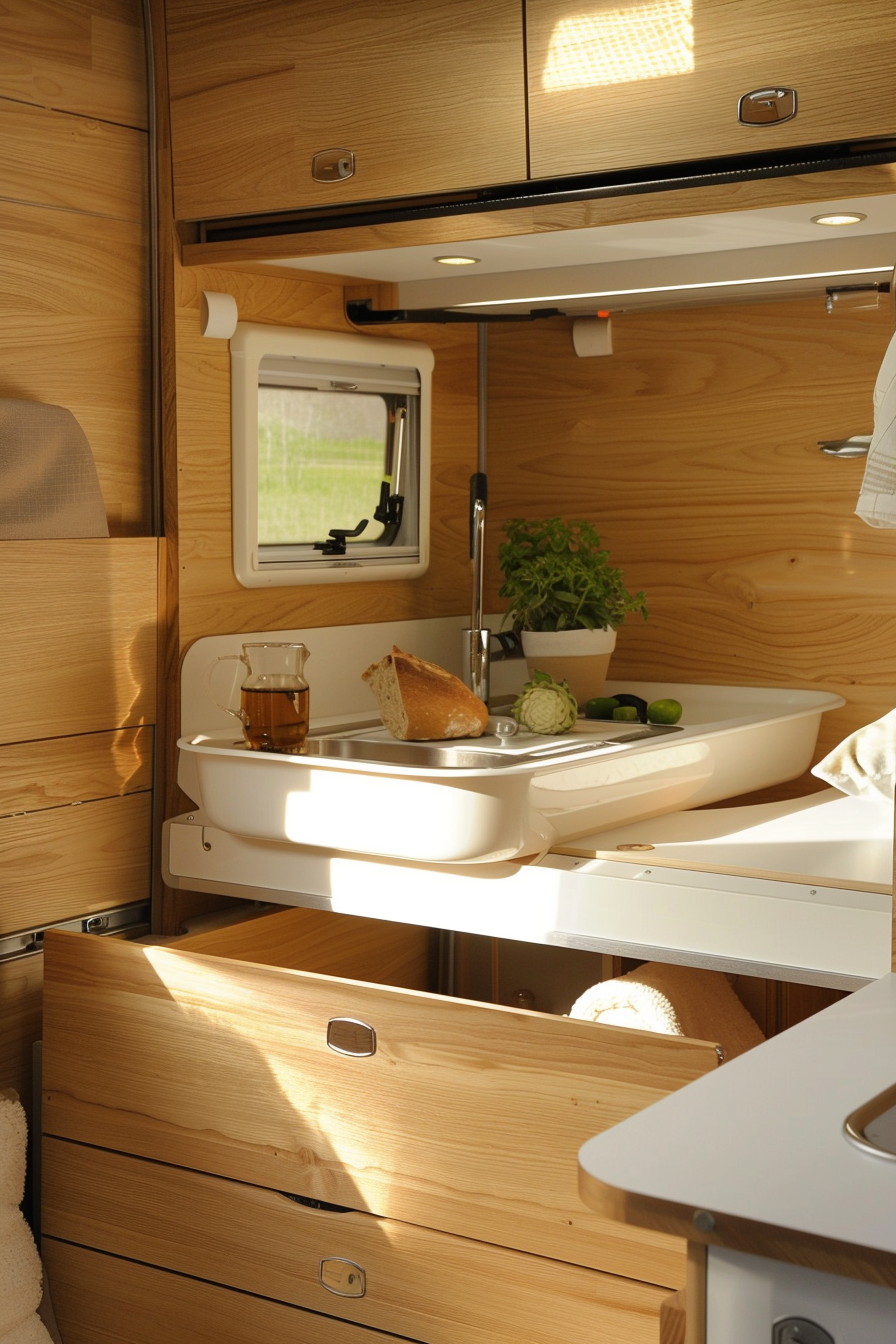 Small camper interior. Light oak panels combined with a white kitchenette and pull-out double bed.