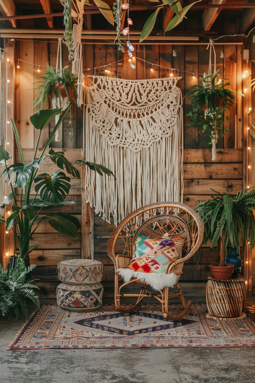 Boho Designed Living Room. White macrame wall hangings against the raw wooden wall, a large rattan armchair with ethical colorful throw pillows near tall, lush, potted Monstera plants and grasses, an Aztec pattern tribal rug covering the polished concrete floor, and dainty string of fairy lights twirling across the room.