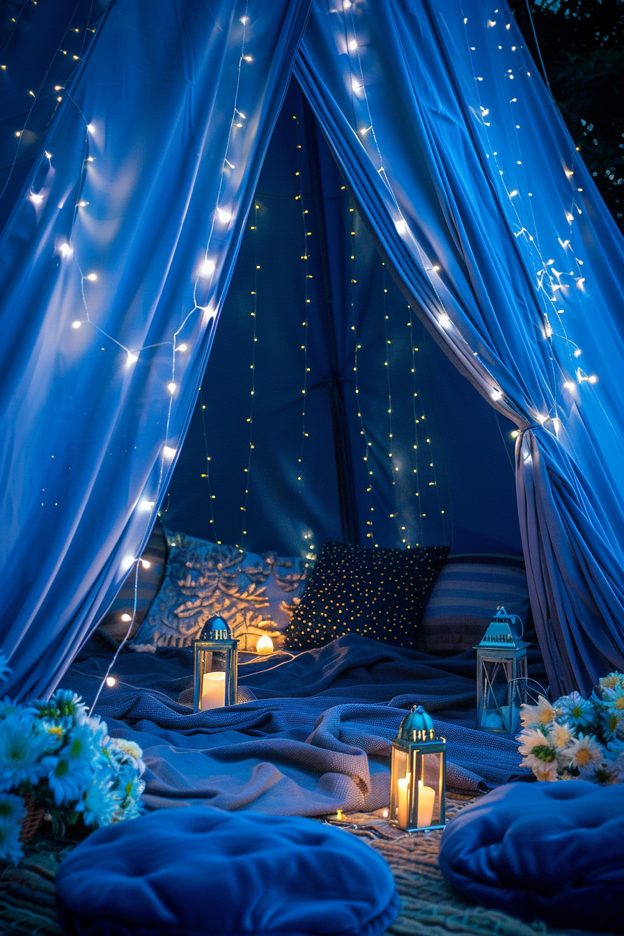 Blue themed glamping setup. Navy blue tipi with white fairy light drapery, aqua chrysanthemums scattered throughout the interior, royal blue padded foam sleeping pads and flickering tealight candles inside mini blue mason jar lanterns.