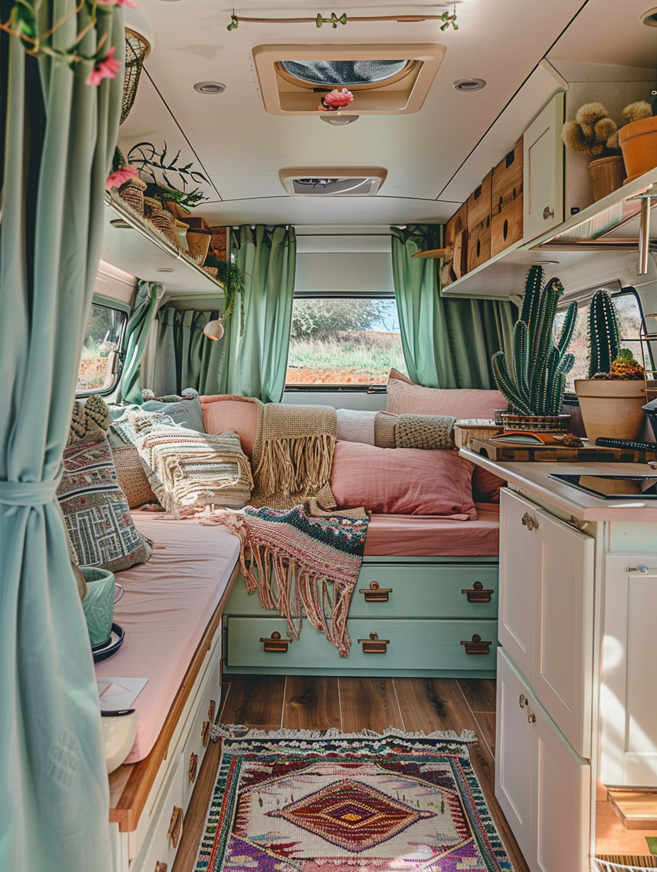 Full interior view of a boho-designed camper. A layered bedding area cocooned by blush pink, mint curtain divides the space, with verdigris hued carpentry work, atop that rests mixed pattern Aztec inspired cushions. The flooring is parquet, slatted teak, lined with rugged Berber rugs featuring mesmerically symmetrical geometric shapes and flanked with cacti in pastel blue and pink painted Terracotta pot. Conversational area in light plush velvet seats with macramé hangings adorned walls behind. A compact breakfast nook, surfaced with characteristic weathered Talavera tiles in the kitchenette, radiates bohemian energy amidst light grey confederate shaker cabinets stashed with sage enamel cookpot and pastel enamel mugs sorted in order, ready to open up tales over a hot brew.