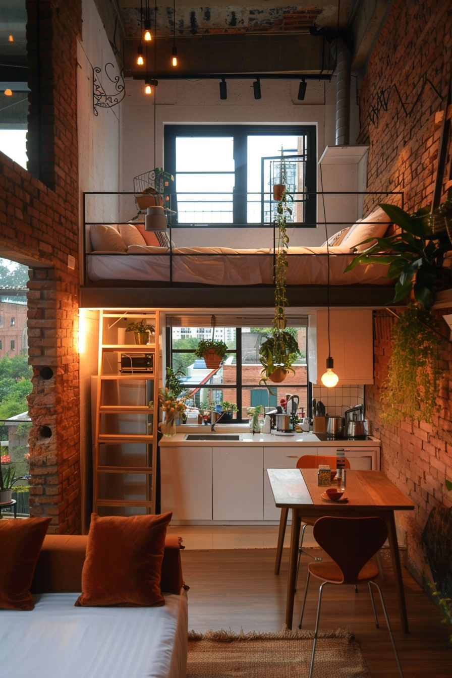 Minimalist apartment. A loft bed over a small, white kitchenette, soft terracotta color dining table with two matching chairs, large window displaying a city night view, and scattered climbers on one side of exposed brick wall.