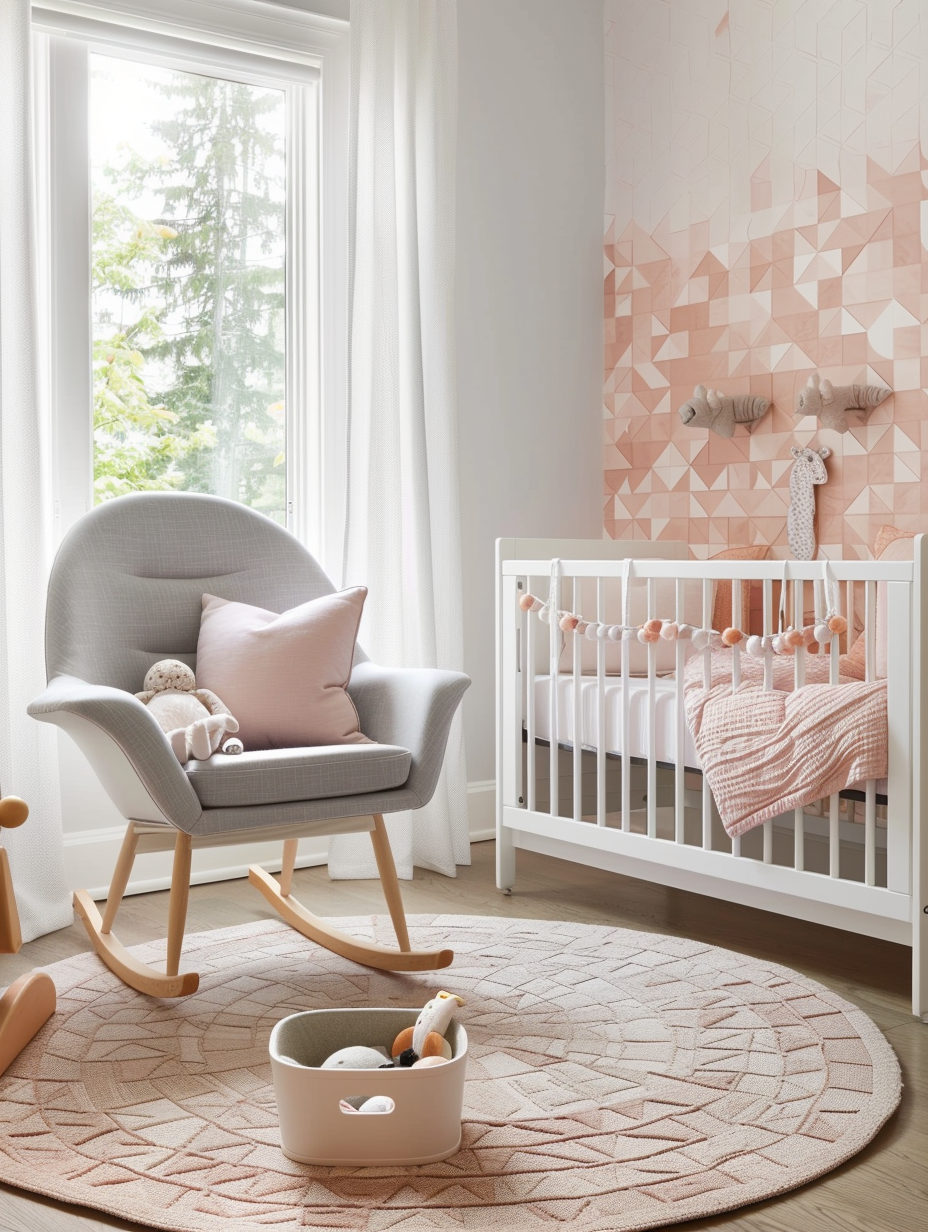 Modern pink nursery. Rose-colored circular rug, gray rocking chair, white wooden cribs with soft-pink bedding, neighboring a toy chest filled with stuffed animals against a wall with geometric-patterned wallpaper. Large window letting in natural light enriches the peach pink hues in the room.