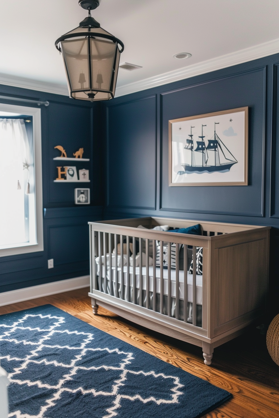 Modern baby boy nursery room. Wide view, hardwood floors, navy blue walls, ship-themed.