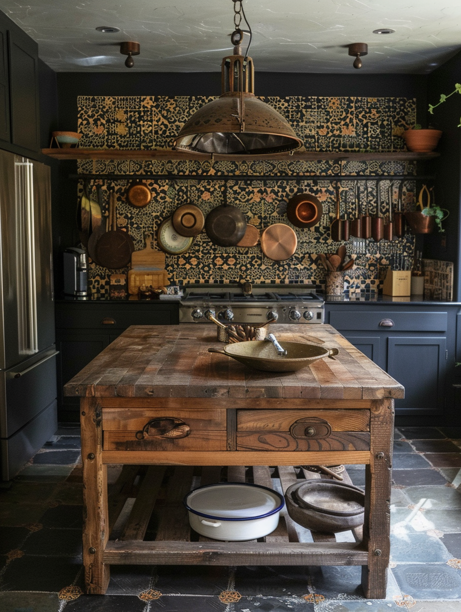 Boho kitchen. Rustic wooden island with Moroccan boho wall tiles, and bronze wall hanging utensils.