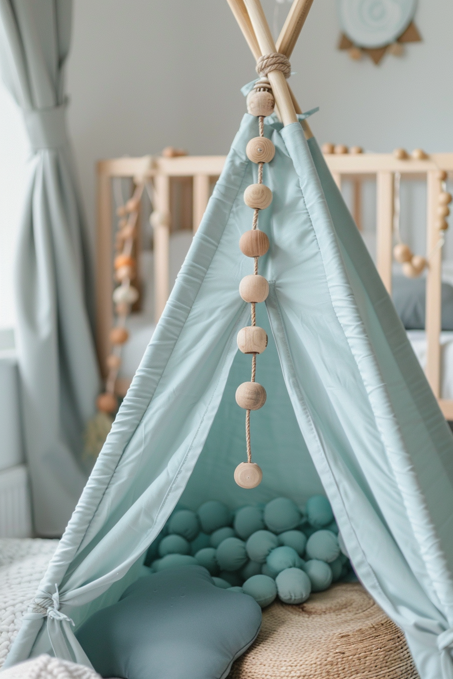 Boho nursery. Pastel turquoise teepee tent with hanging wooden beads.