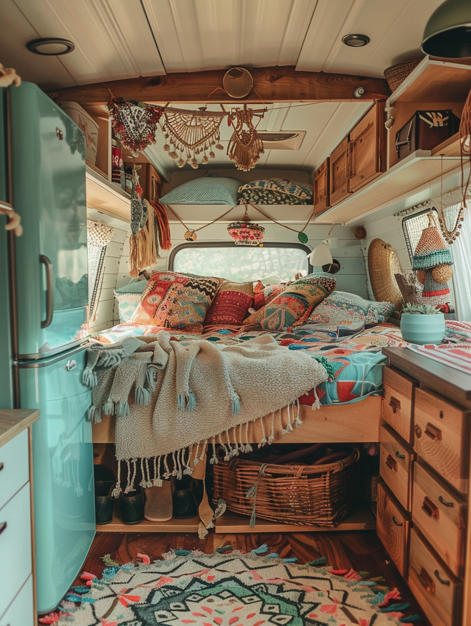 Full interior view of boho-designed camper. Wide shot of camper furnished with a low macrame-edged platform bed beside a faded teal mid-century mini fridge, birch ply walls sparsely decorated with string-of-pearls plant hangings in ceramic planters, abstract pastel Aztec designs spray-painted onto cream textured rag rug strewn across antique hardwood flooring, makeshift stackable storage nestled under the bed is visibly stuffed with eclectic pastel-patterned clothing and soft goods, topped by a decorative indigo Ikat blanket neatly folded, soft natural lanterns illuminate the camper suspends from each corner, comfortably rustic close to nature atmosphere highlighted by numerous window cut-outs with chanting wind chimes hanging, capturing an explosion of every little detail, emphasizing intricate kit materials each with their own unique texture as bring repose, freedom and kaizen to mind.