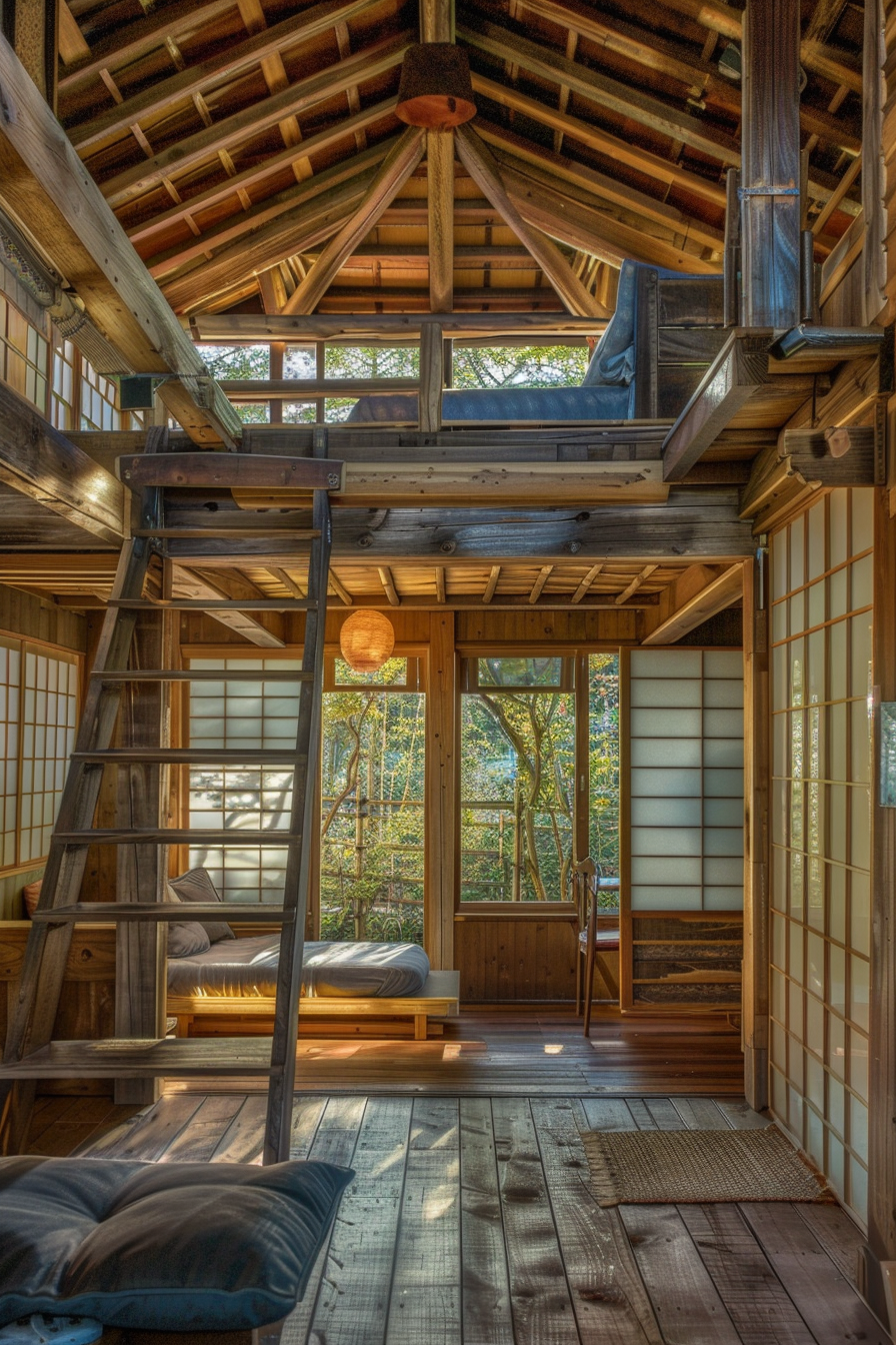 Interior view of Japanese tiny house. Exposed wooden beams and shoji screens.