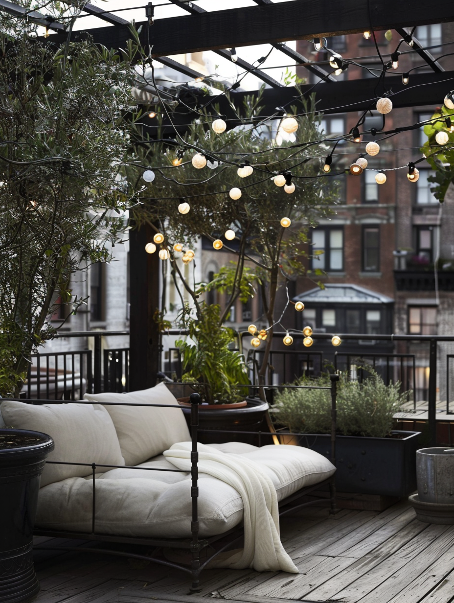 Small and beautiful Urban Rooftop. Potted olive trees with white string lights, blackened steel pergola, white-cushioned daybed, urban backdrop.