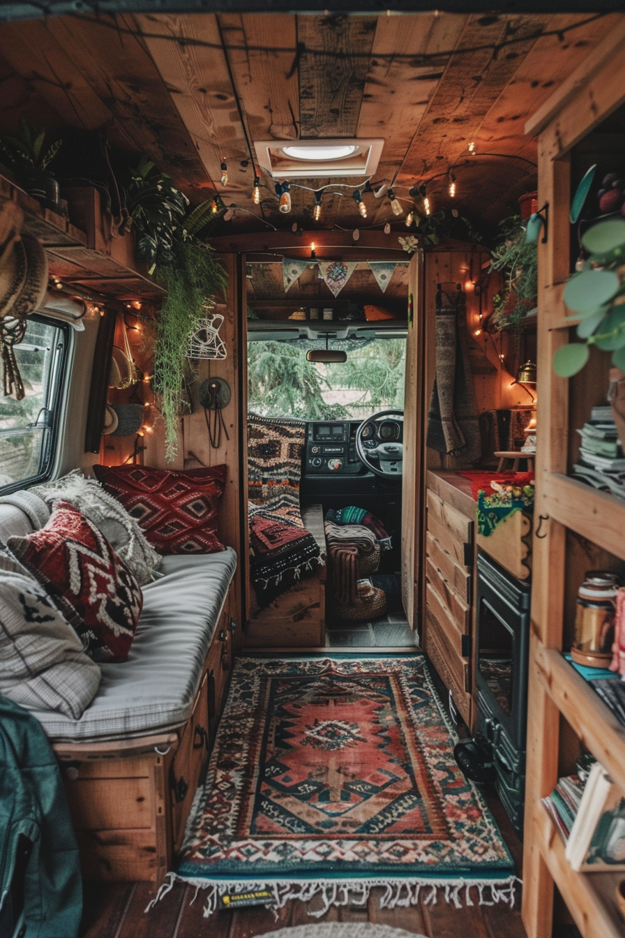 View of a small camper interior. Cedar wood finishing, decorative rugs, and string lights.