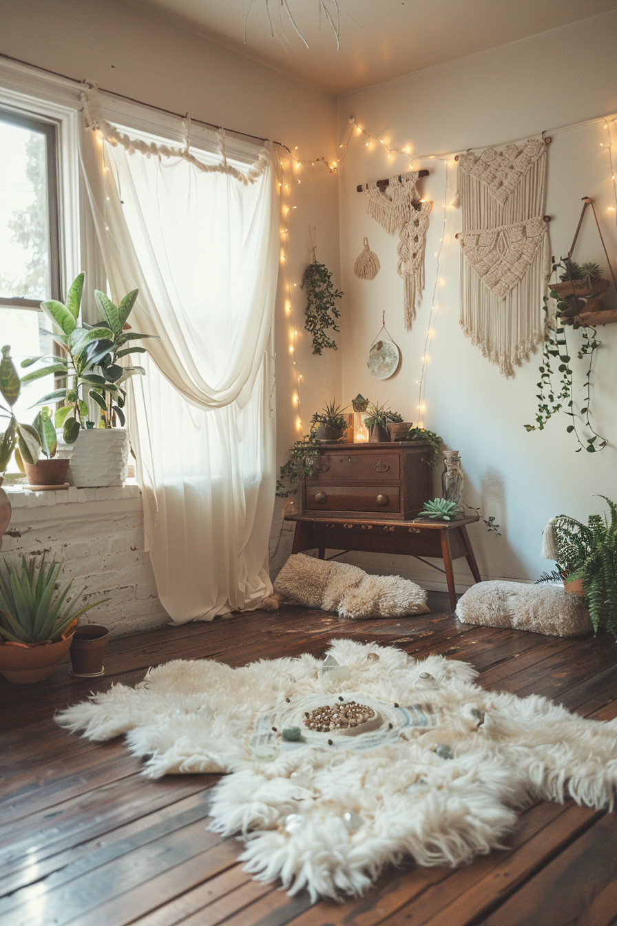 Yoga studio. Antique wooden floor, white faux fur rugs, sterling silver jewelry fellows, macrame wall hangings, crystal collections, and potted succulents.