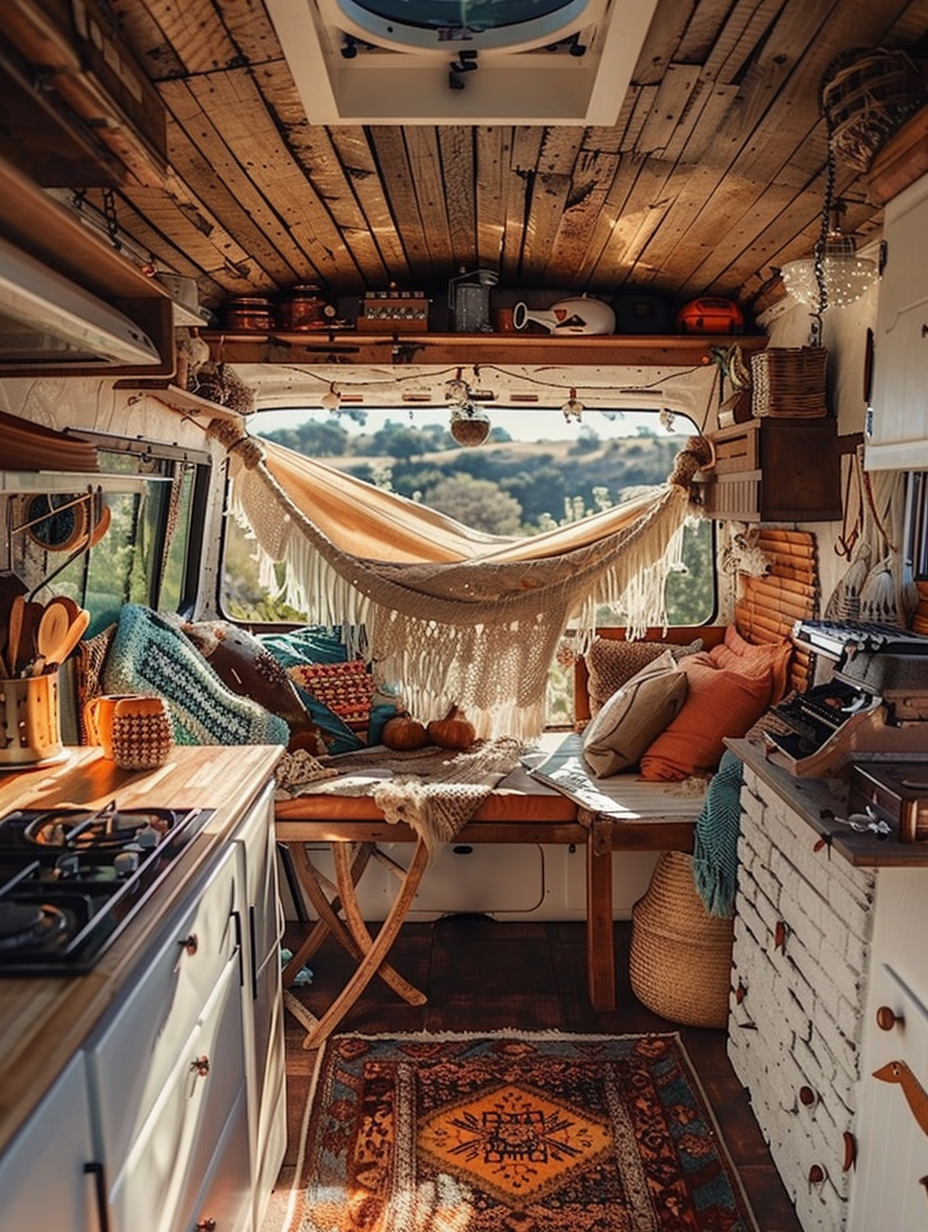 Boho Designed Camper Interior. Natural wood-panelled walls, exposed white brick kitchen area with hanging copper utensils, plush Moroccan-style floor cushions in burnt orange and vibrant teal hues, and a little nook featuring a vintage typewriter on a boho carved-wood desk. White-macrame hammock slings lightly from the roof near the open backdoors, that offer breathtaking mountain valley views. Vintage surfboards are heaped in a neatly cluttered way next to the stark white, draped curtain doorway, and fairy lights twine their warm-glow pathway across the beams of the camper roof.