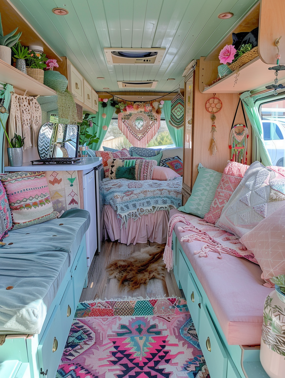 Full interior view of a boho designed camper. Prominent pastel colors and aztec inspired decor, multicolored pastel Bohemian rug, van's interior walls painted mint green, indigo Aztec patterned curtain separating the bedroom area, cushions in pastel pink and baby blue with Moroccan patterns on the sofa, an art memento wall with dream catchers and mini pastel macrame decors, petunia plant in teardrop cerulean blue vase seated on wooden overhead cabinet.