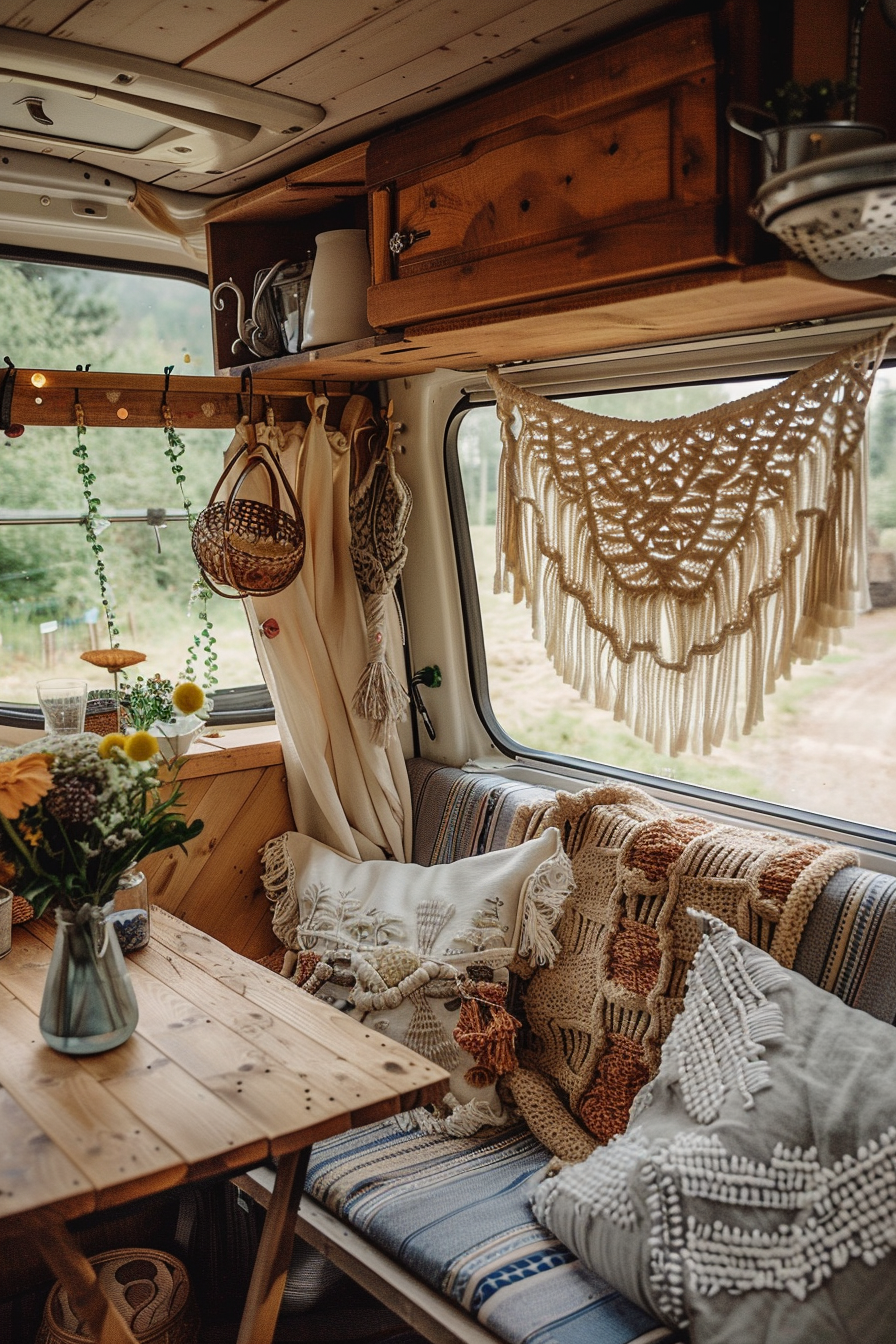 Boho sprinter camper van interior. Ivory macramé hanging over rustic wooden tabletop.